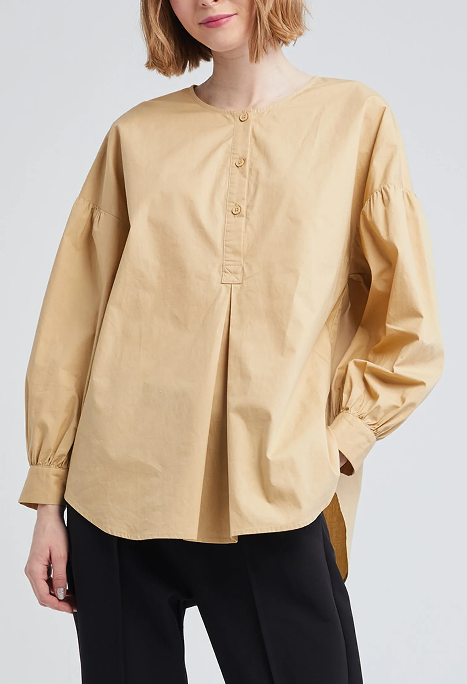 Front Pleat Split Round Neck Blouse