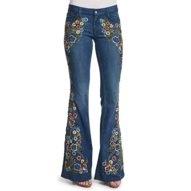 Funki Buys | Pants | Women's Boho Hippy Flared Flower Jeans