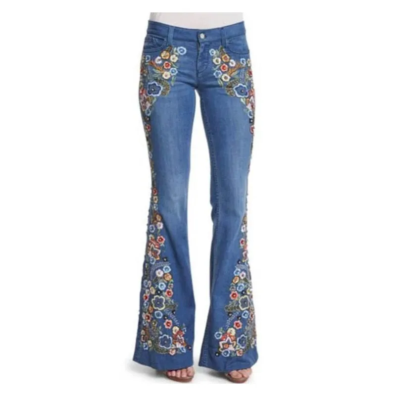 Funki Buys | Pants | Women's Boho Hippy Flared Flower Jeans