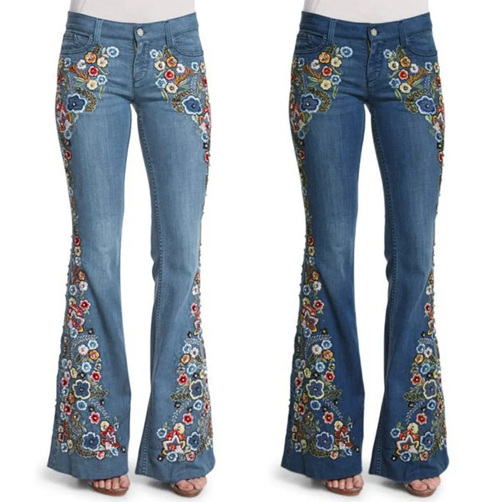 Funki Buys | Pants | Women's Boho Hippy Flared Flower Jeans