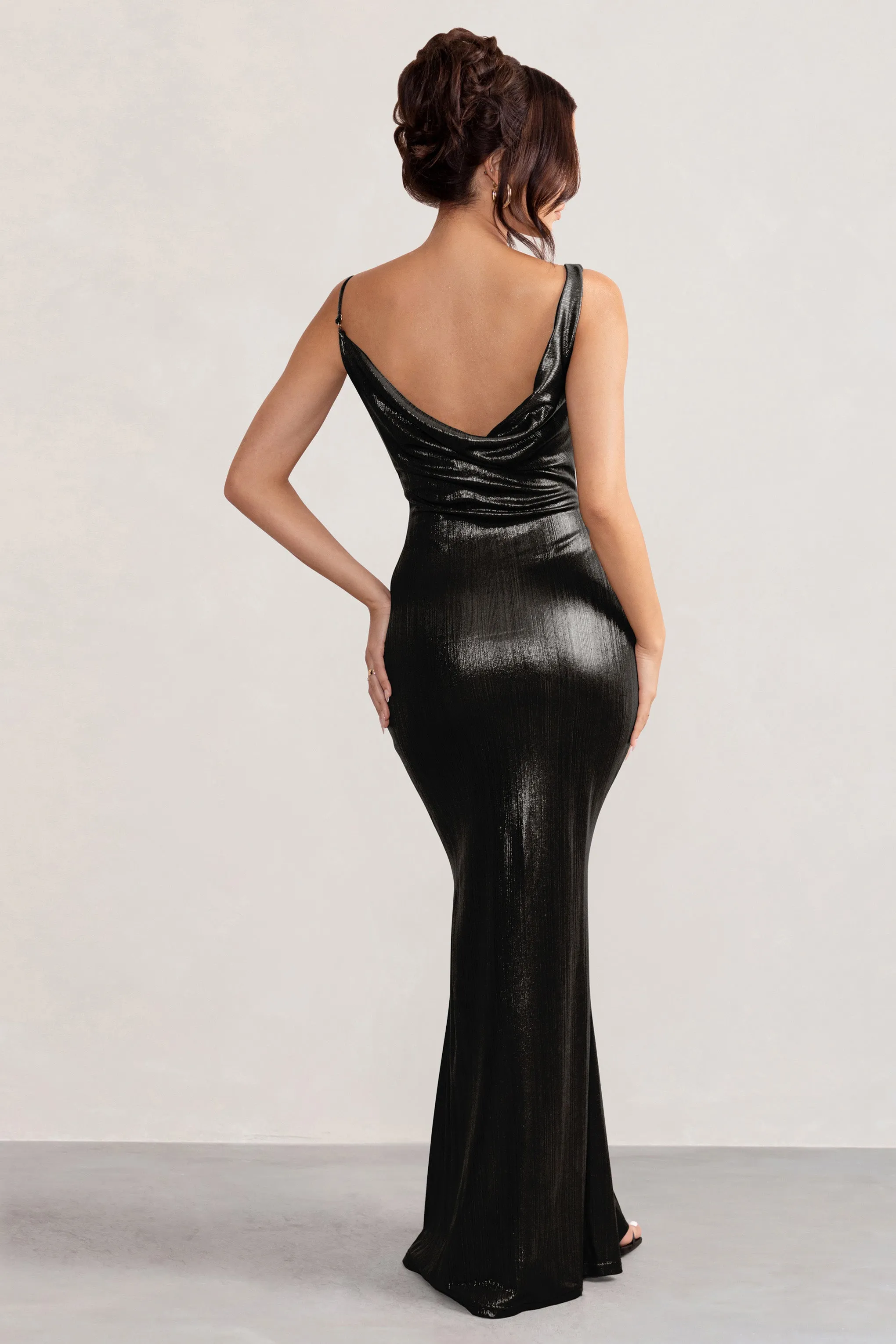 Galaxy Shimmer | Black Bias Cut Cowl Front Maxi Dress