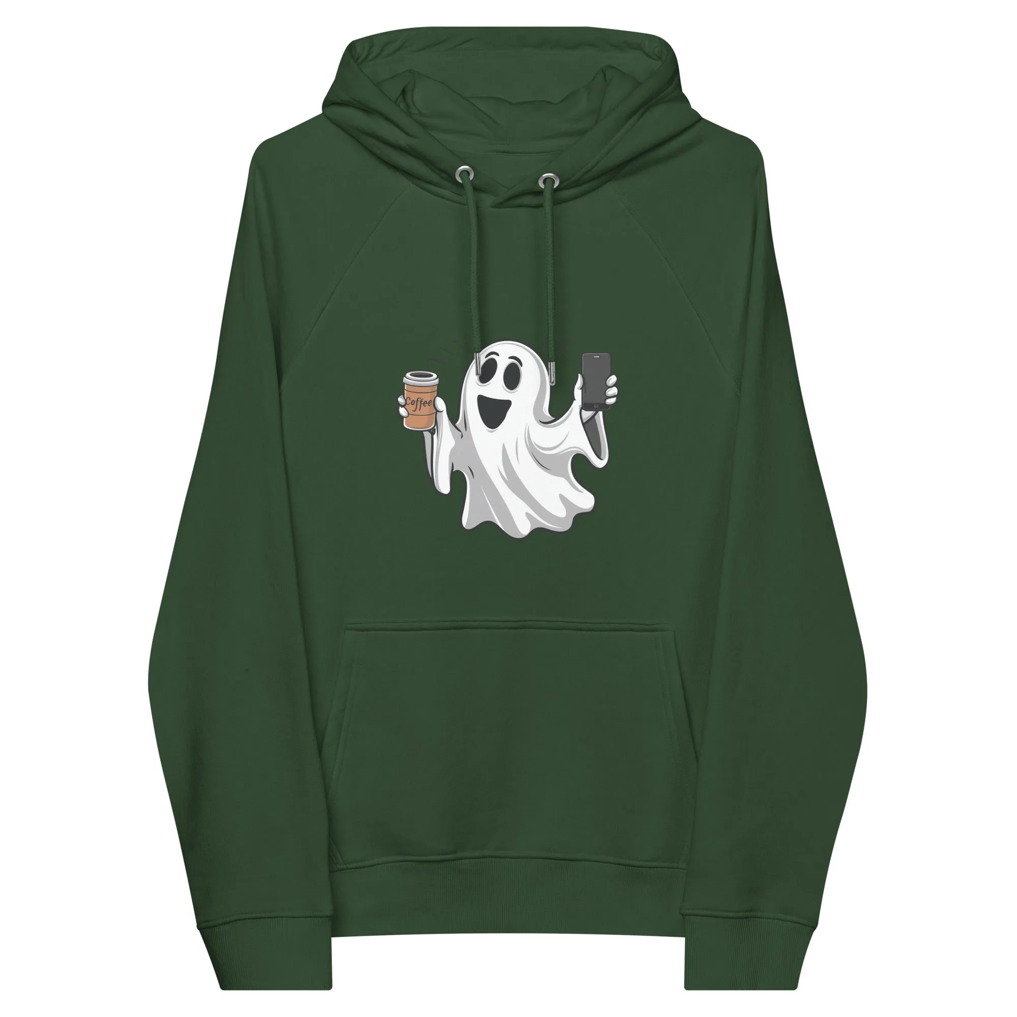 Ghost with Coffee Halloween Graphic Women Eco Raglan Hoodie