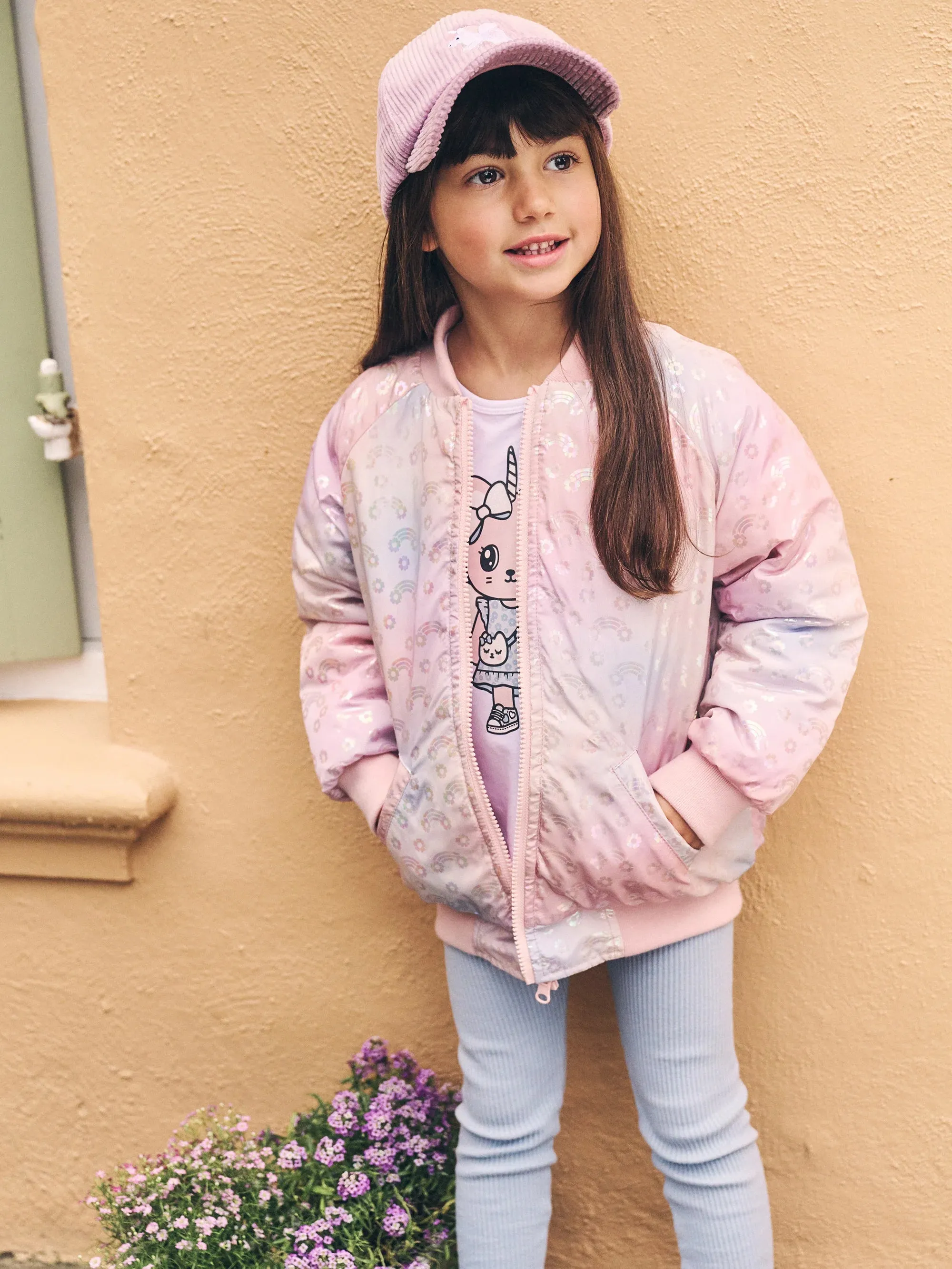 Girl rainbow reversible bomber