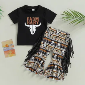 Girl's Summer Farm Style Short-Sleeved T-Shirt Tassel Flared Pants Set Wholesale Kids Boutique Clothing