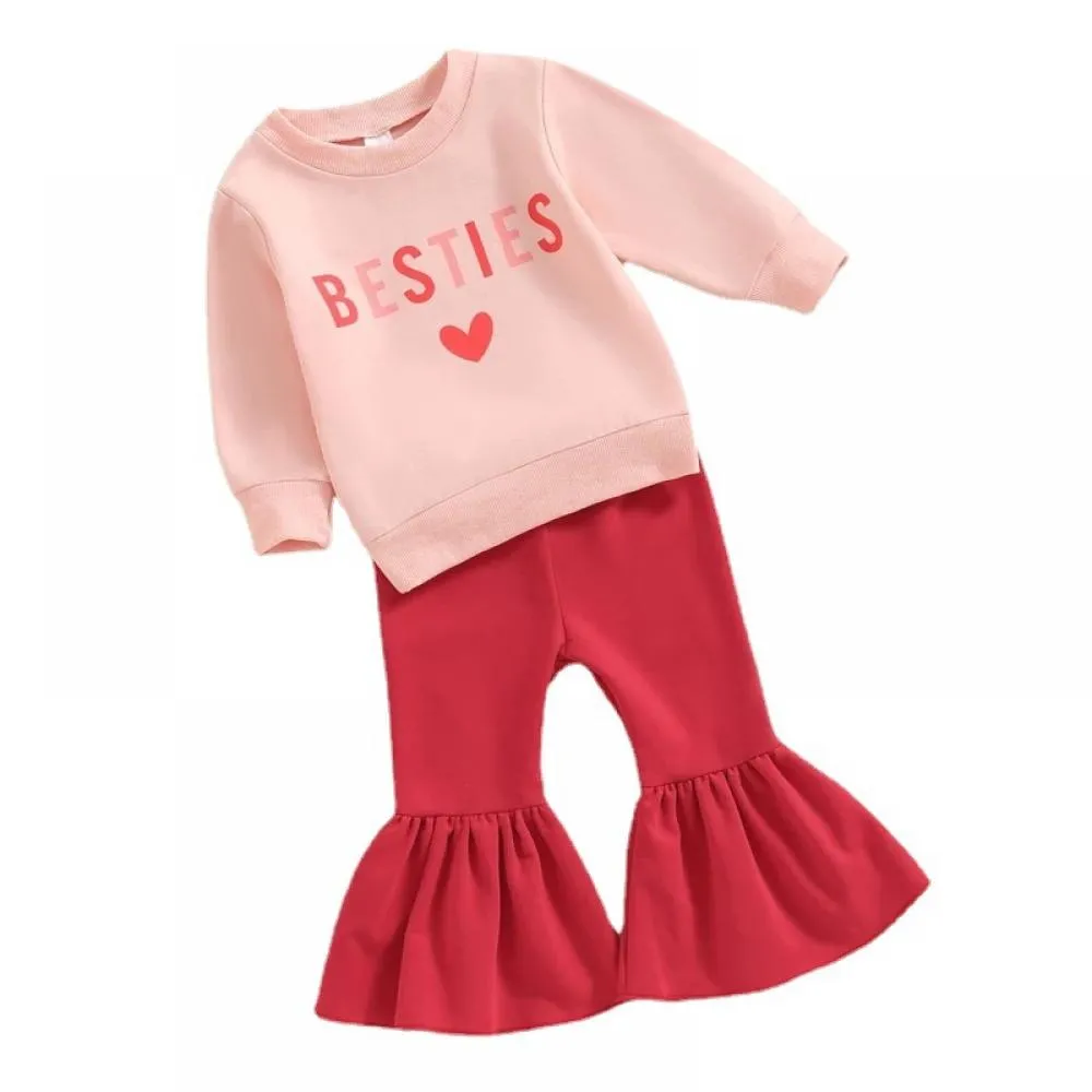 Girls' Valentine's Day Suit Love Letter Sweatshirt   Flared Pants Suit Wholesale Girls Clothes