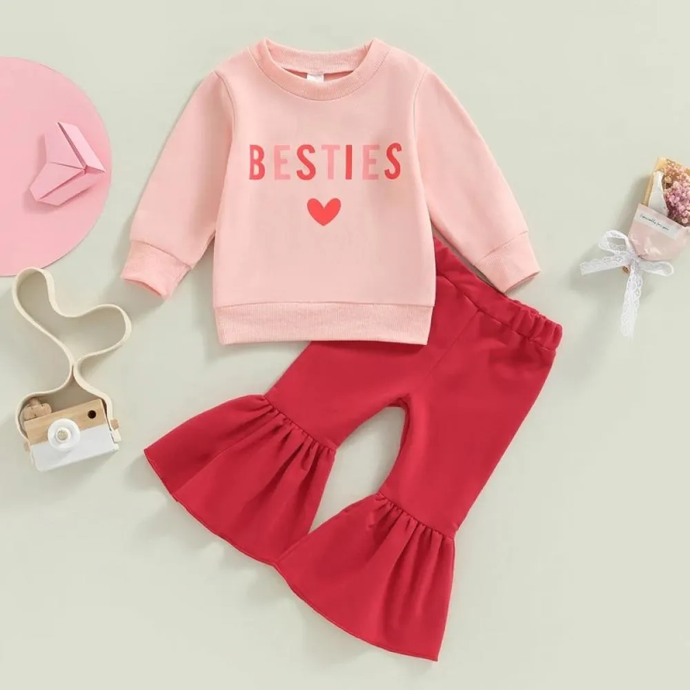 Girls' Valentine's Day Suit Love Letter Sweatshirt   Flared Pants Suit Wholesale Girls Clothes