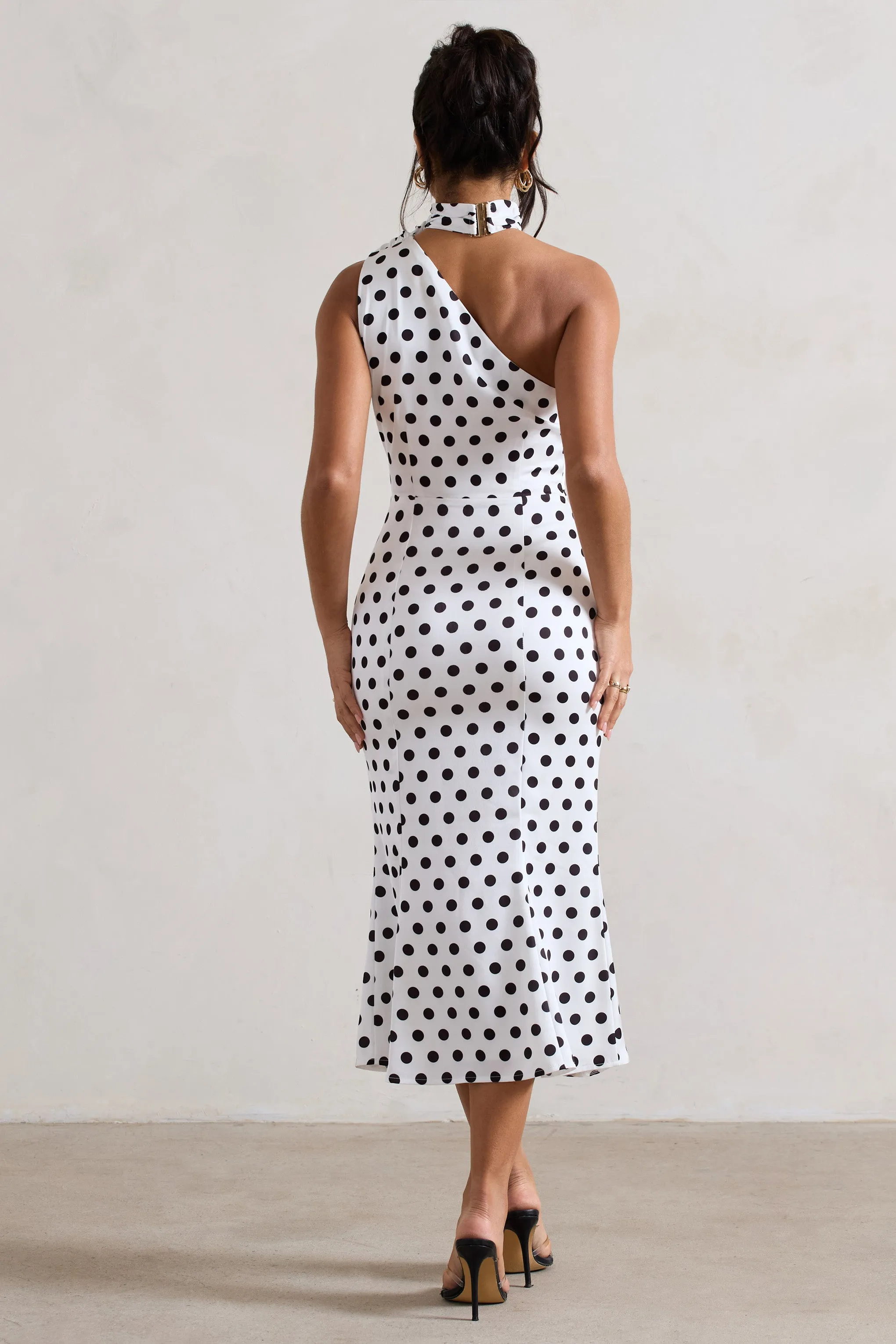 Golden Girl | White Polka Dot One Shoulder High-Neck Flared Midi Dress