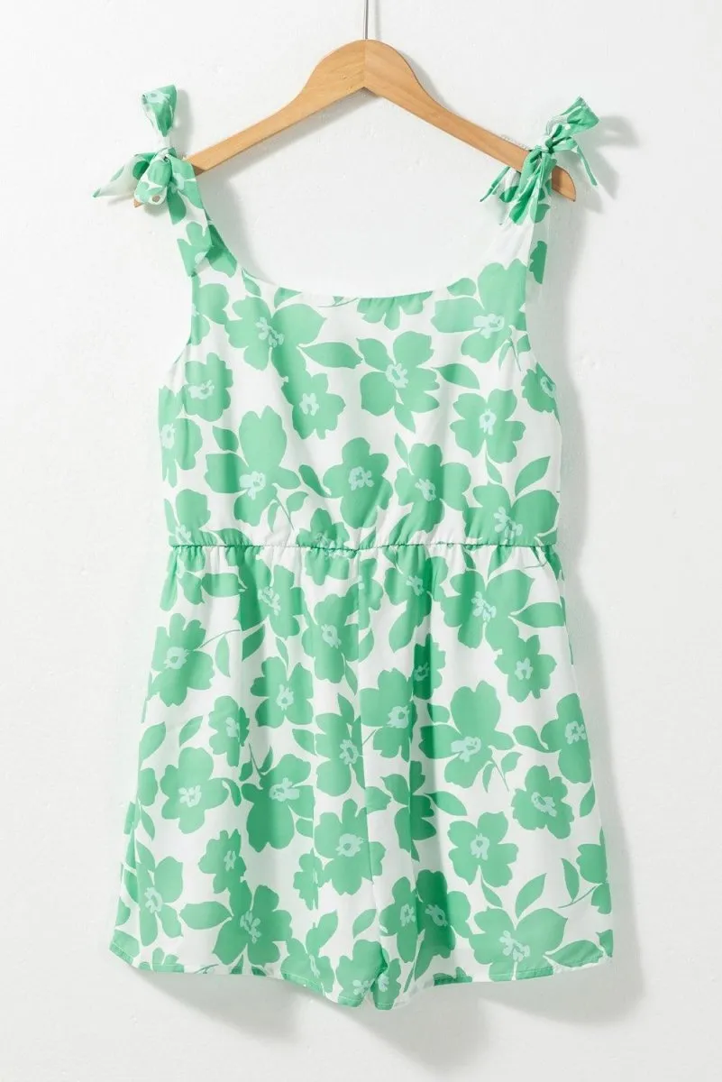 Green Flower Knotted Straps Romper Set