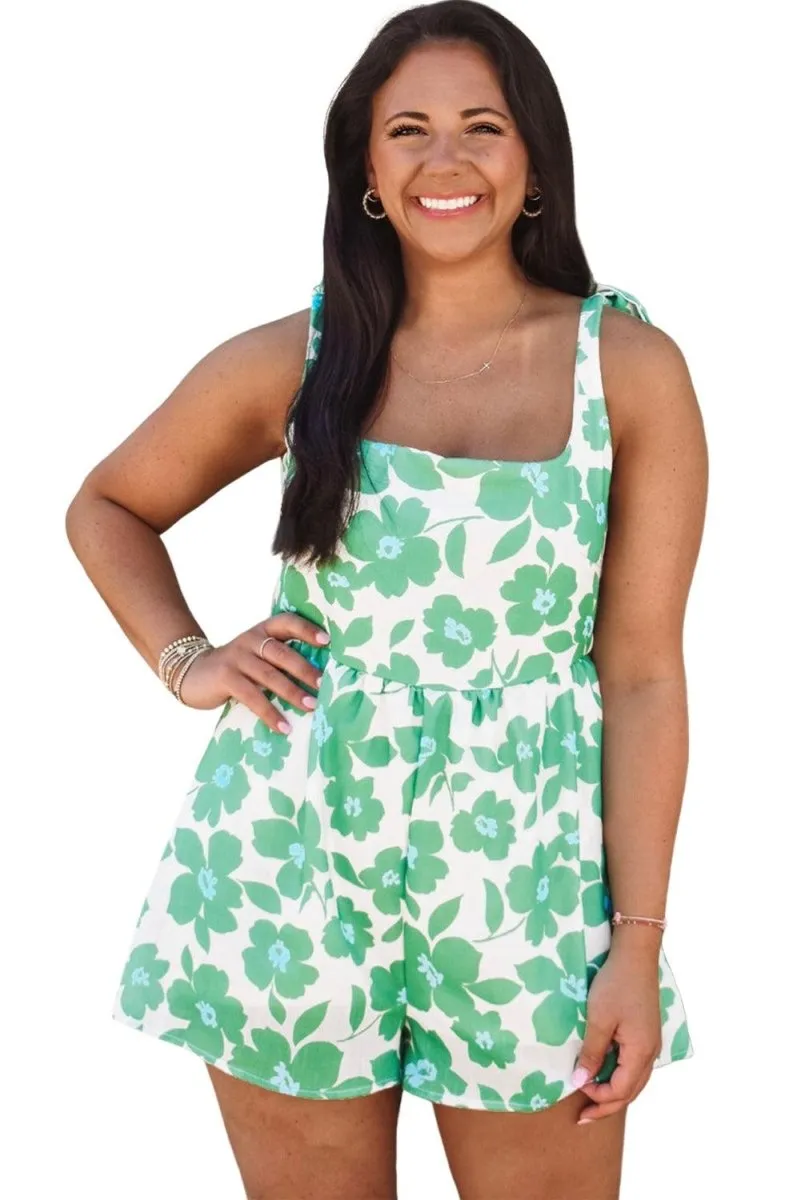 Green Flower Knotted Straps Romper Set