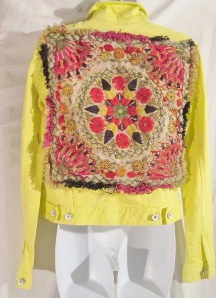 Handmade Womens Denim TAPESTRY YELLOW JEAN JACKET COAT S Boho Hippie