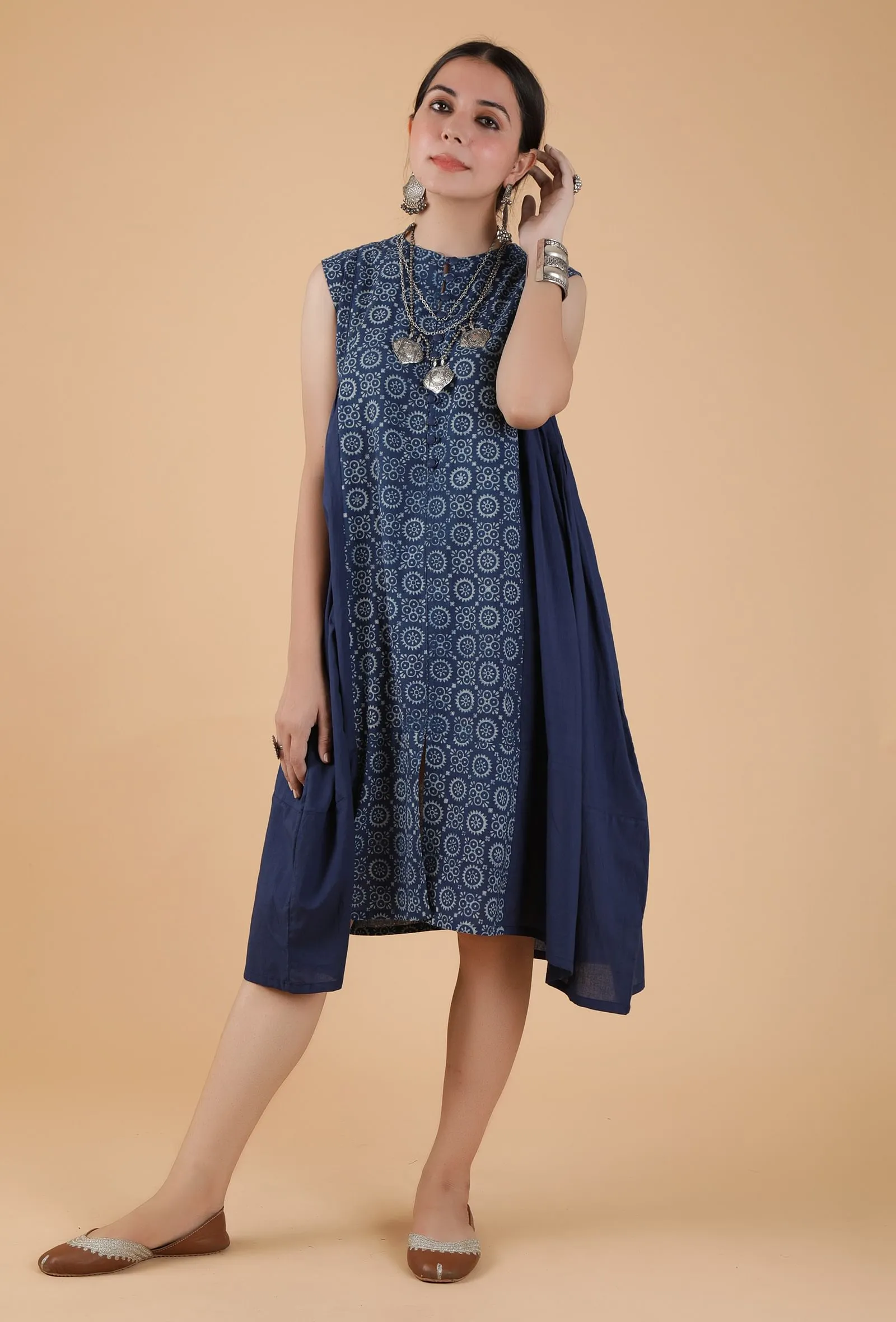 Harini Indigo Side Gather Front-Open Asymmetrical Kurta Dress