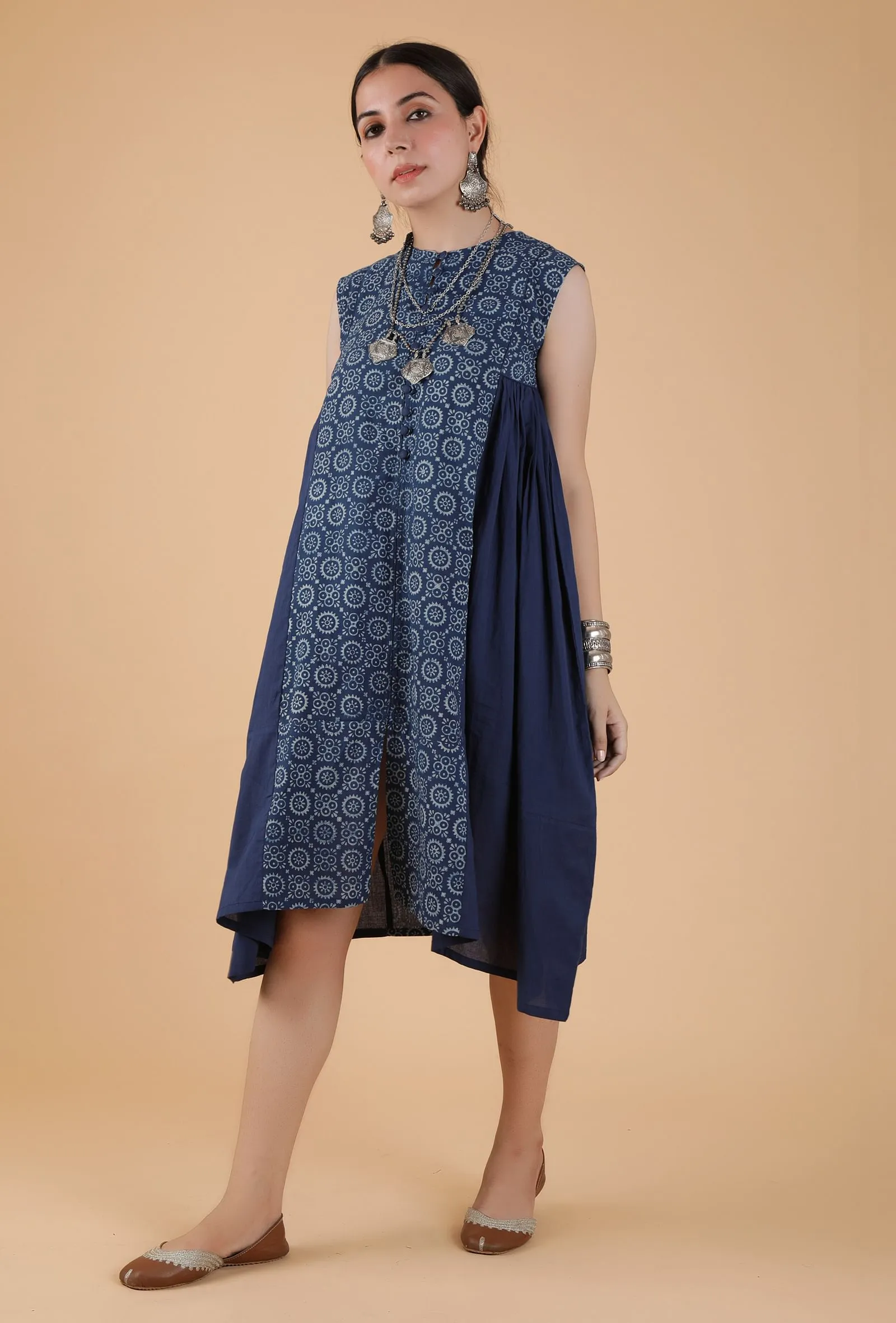 Harini Indigo Side Gather Front-Open Asymmetrical Kurta Dress