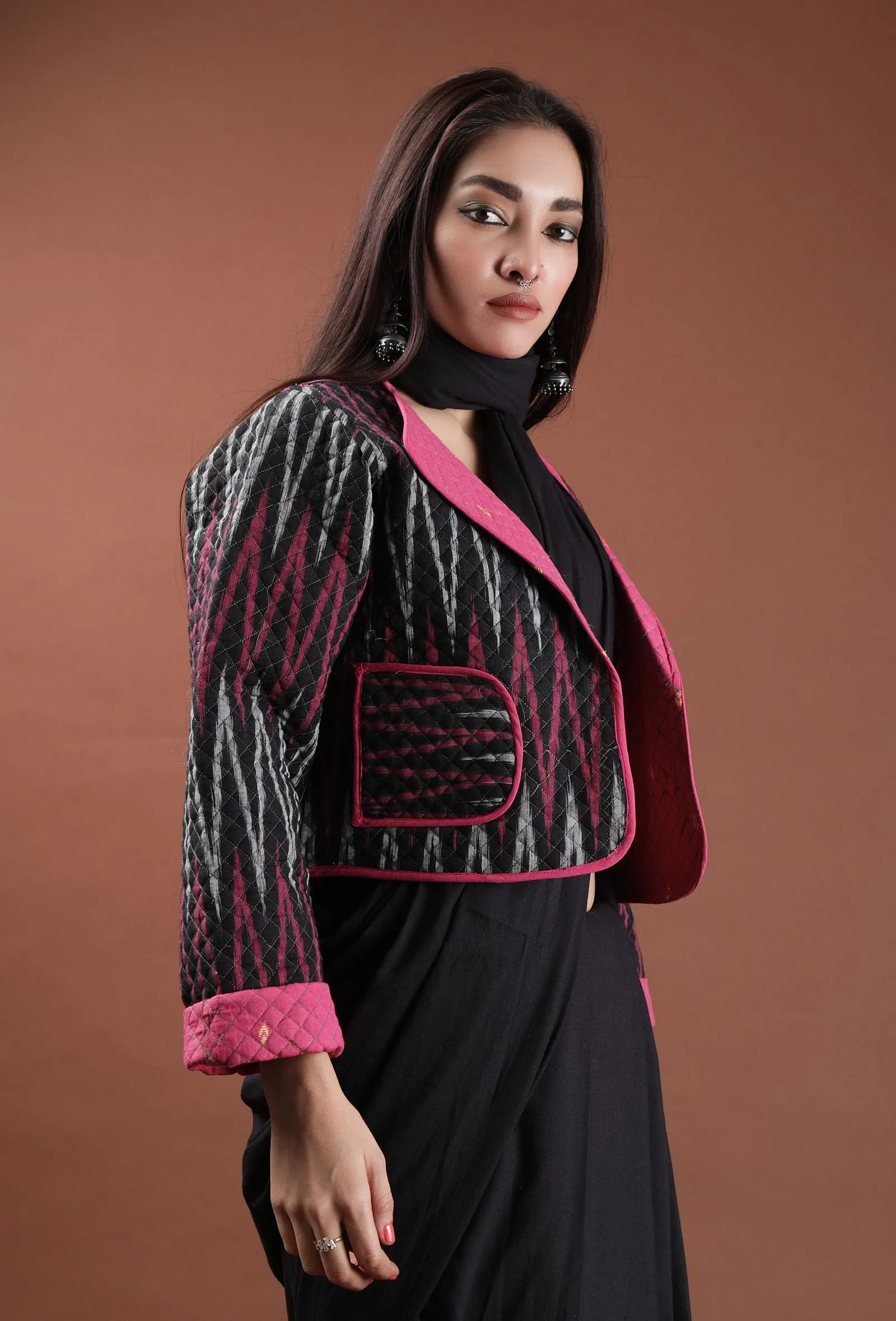 Holly Black & Fuschia Ikat Reversible Short Bomber Jacket