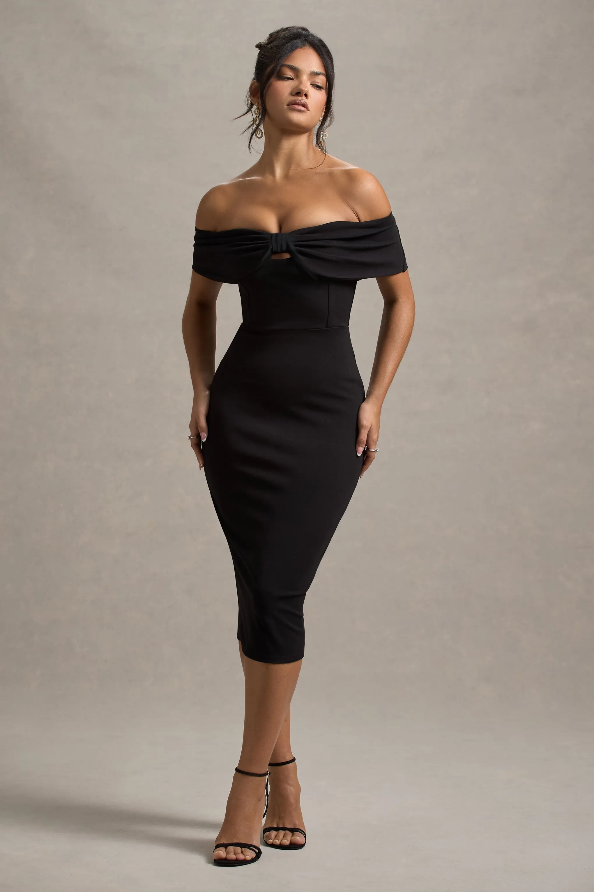 Hope | Black Bow Bardot Midi Dress