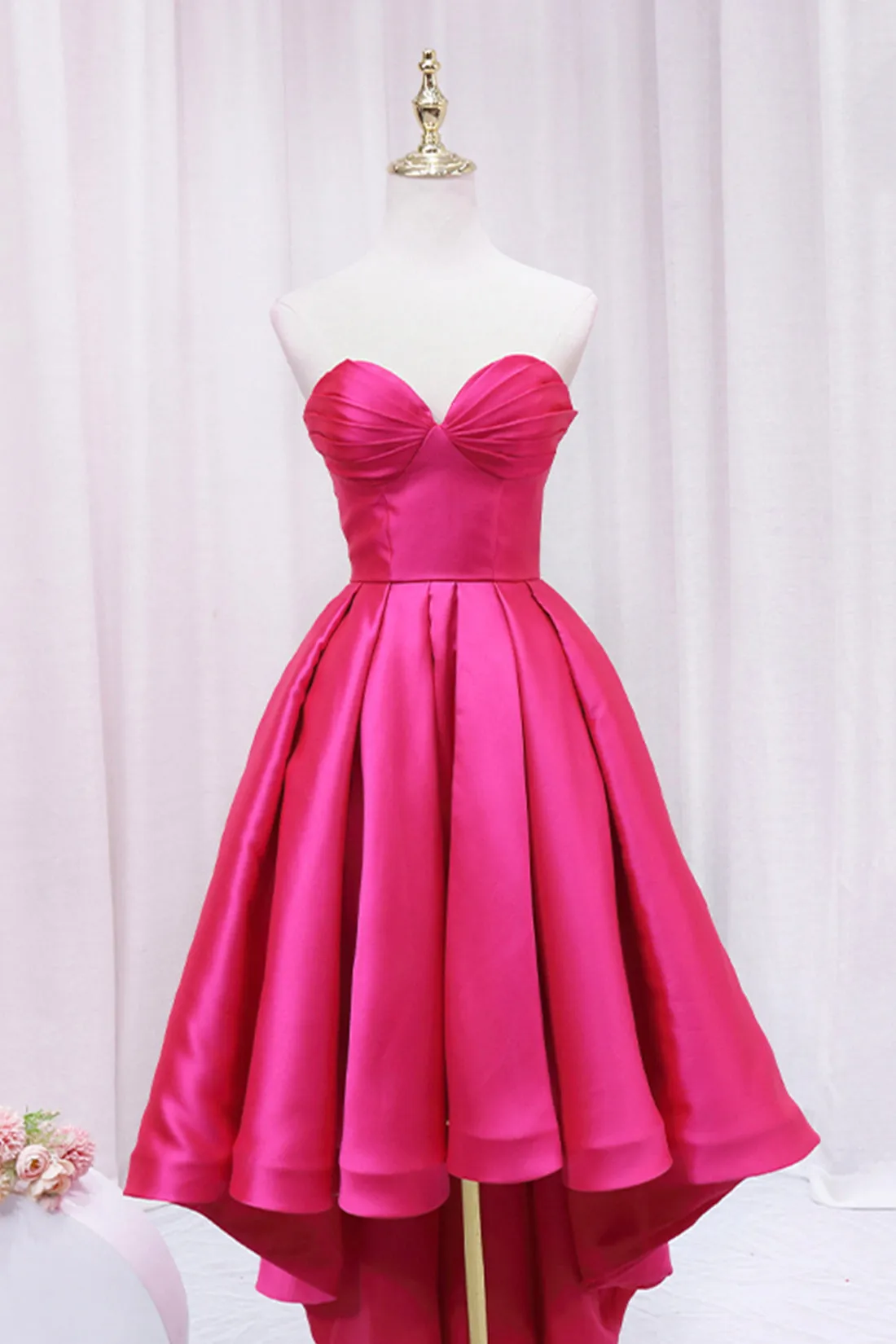 Hot Pink Satin High Low Prom Dress, Cute Sweetheart Neck Evening Party Dress