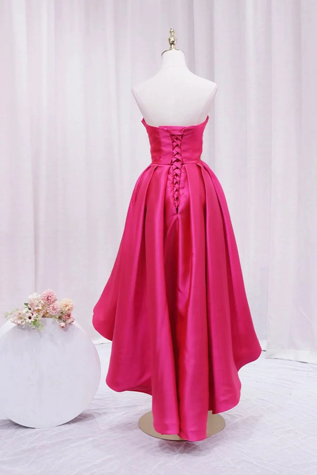 Hot Pink Satin High Low Prom Dress, Cute Sweetheart Neck Evening Party Dress