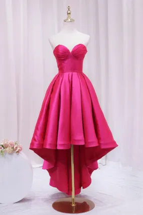 Hot Pink Satin High Low Prom Dress, Cute Sweetheart Neck Evening Party Dress