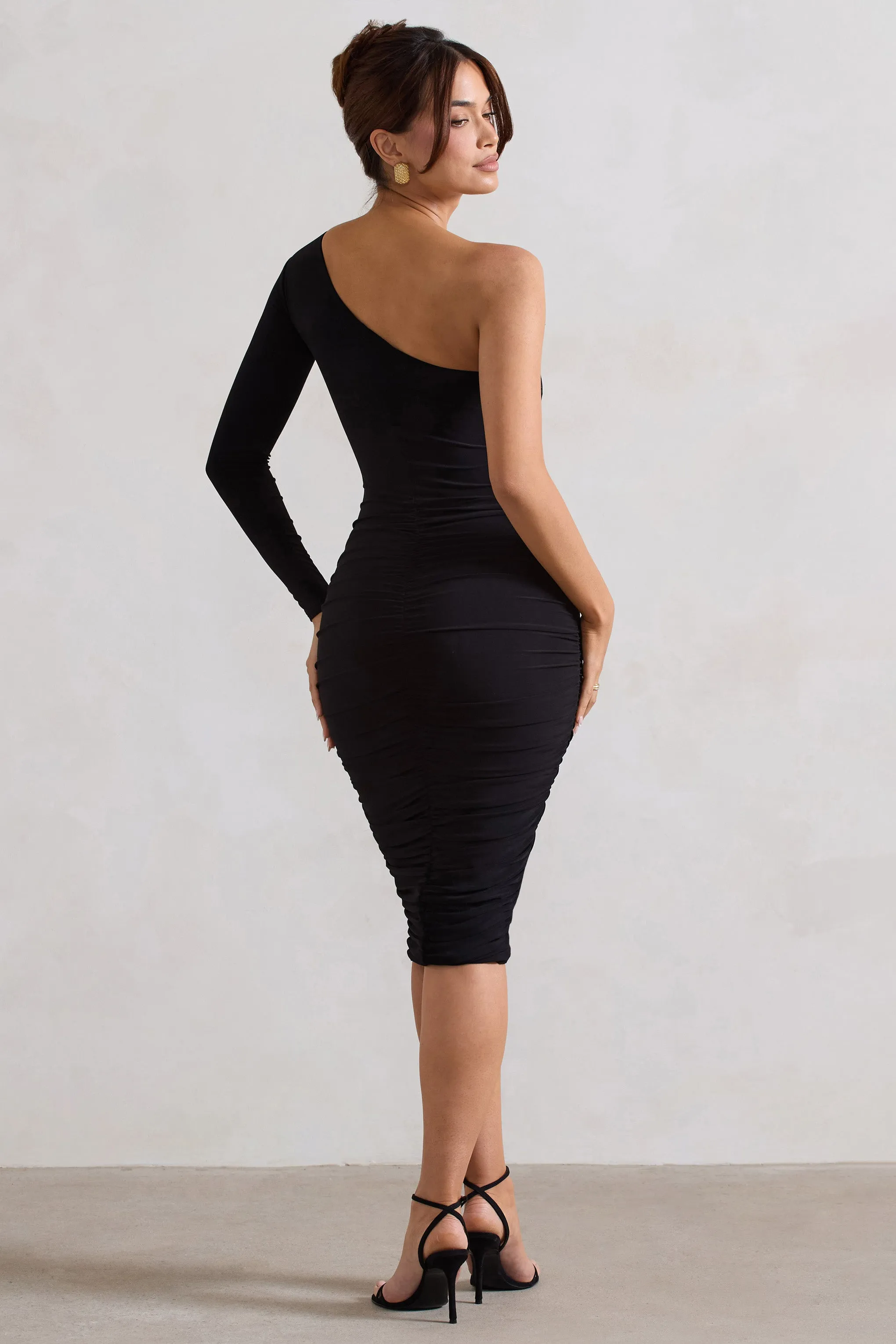 In The Shadows | Black One Shoulder Midi Dress With Ruching