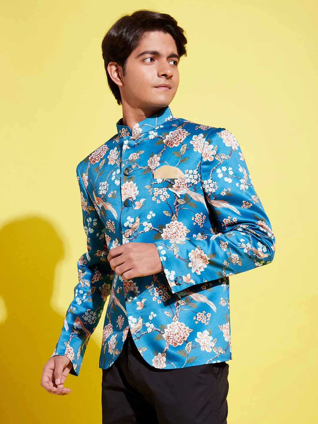 Jashvi Boys Turquoise Blue Printed Bandhgala Blazer