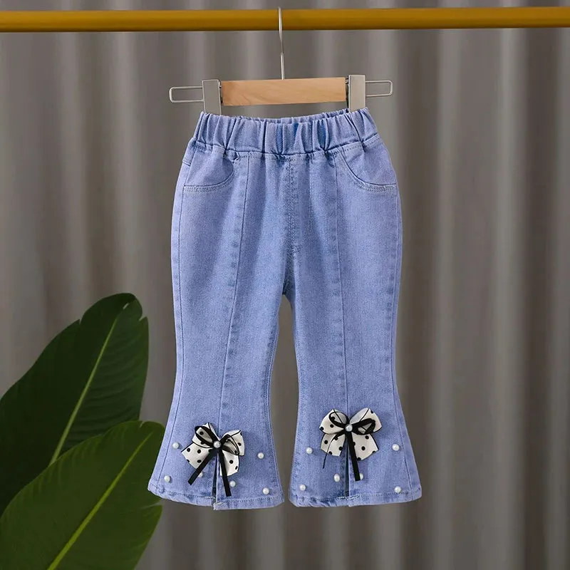 Jeans for Girls Retro Casual Pants Flower Bow Bell-bottoms Cowboy Pants Little Girl Party  Pure Cotton Jeans Kids Clothing 1-12Y