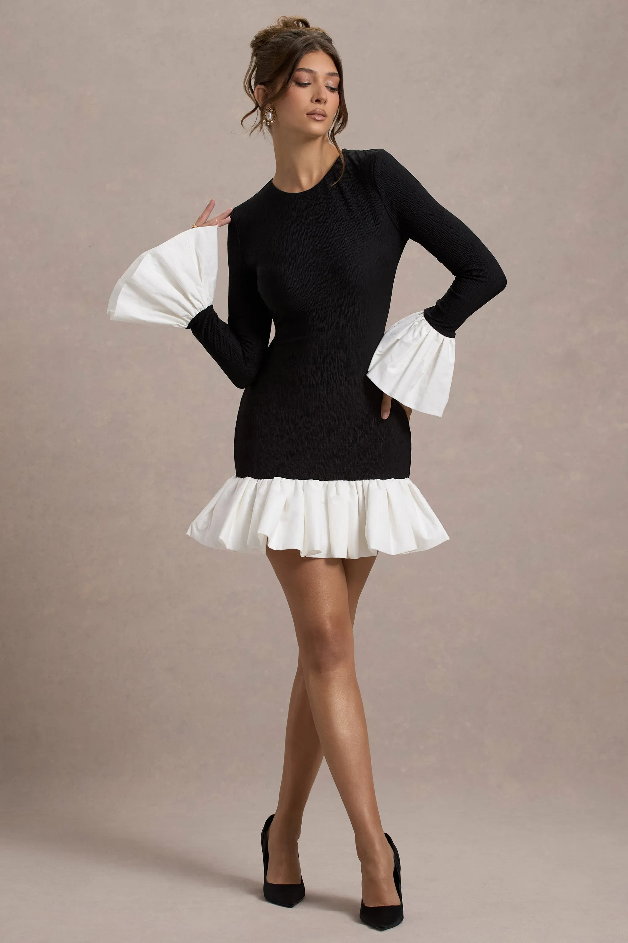 Josefina | Black Long-Sleeve Mini Dress With White Satin Trims