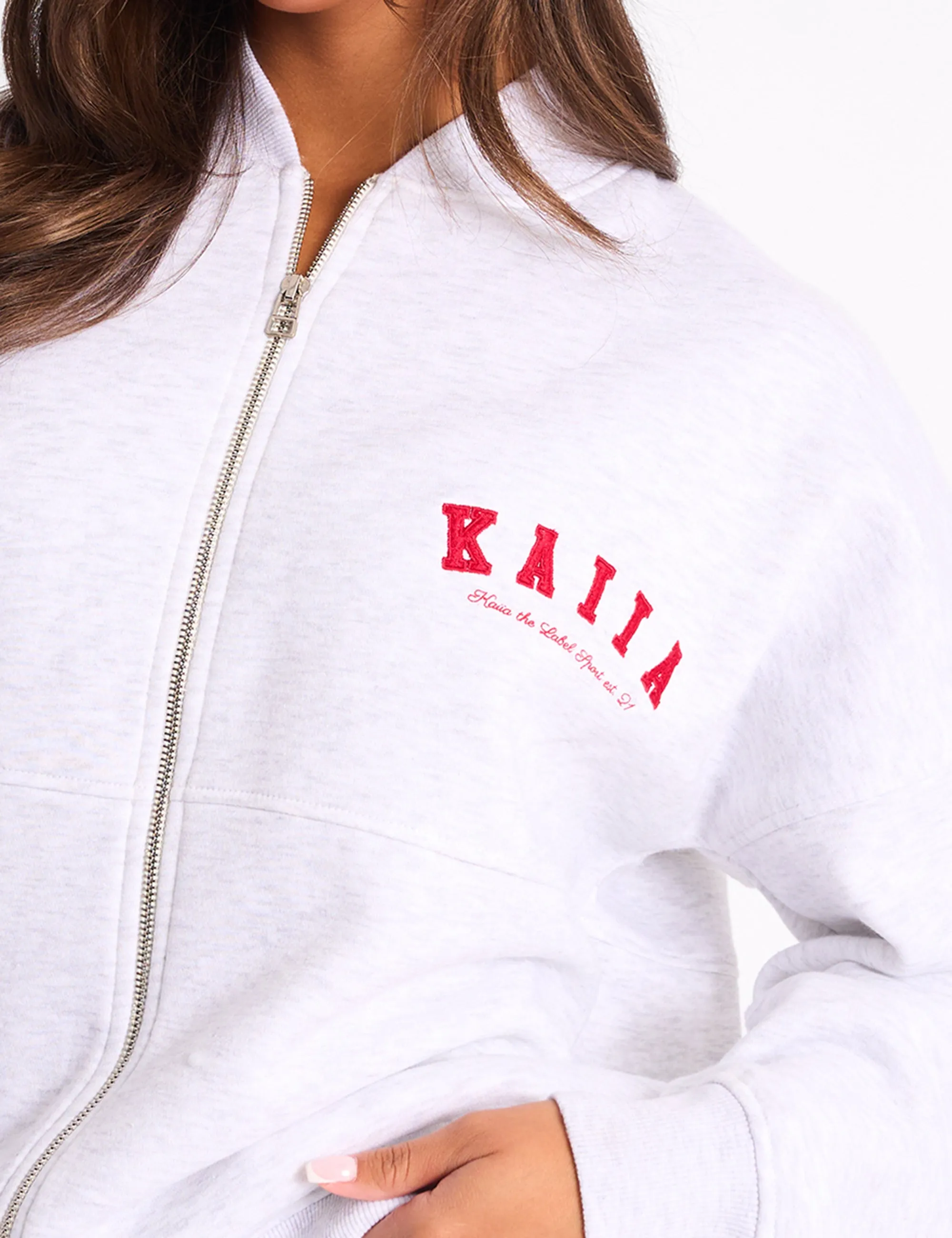 Kaiia Sport Oversized Bomber Light Grey Marl & Red