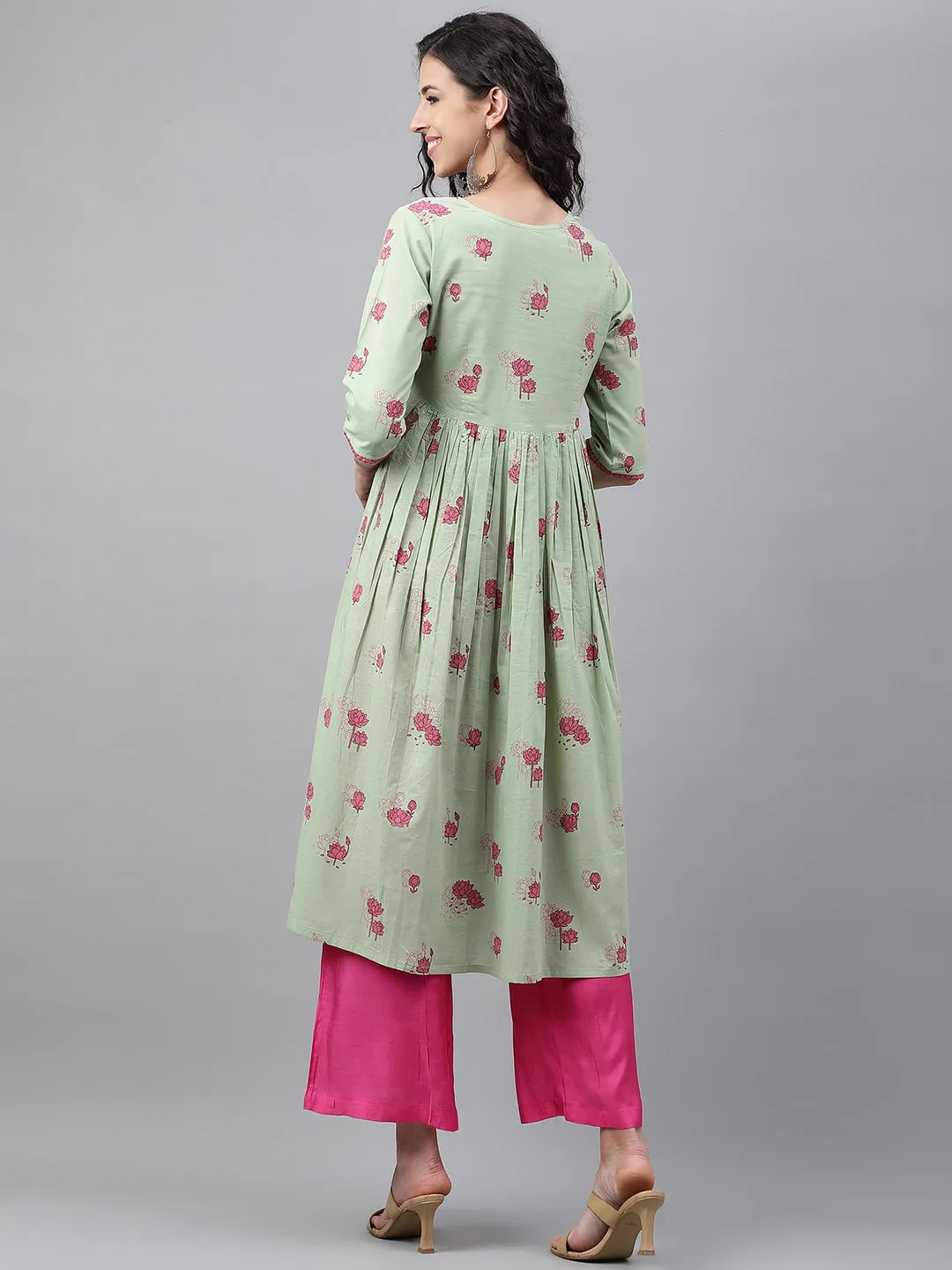 Light Green Cotton Floral Printed Flared Kurta