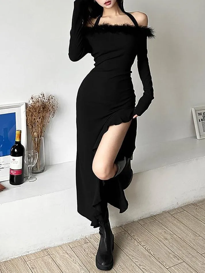 Long-Sleeve Plain Fluffy Trim Ruffle Slit Midi Dress