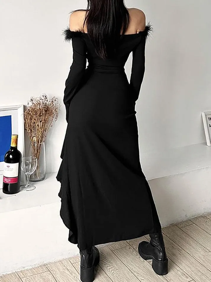 Long-Sleeve Plain Fluffy Trim Ruffle Slit Midi Dress