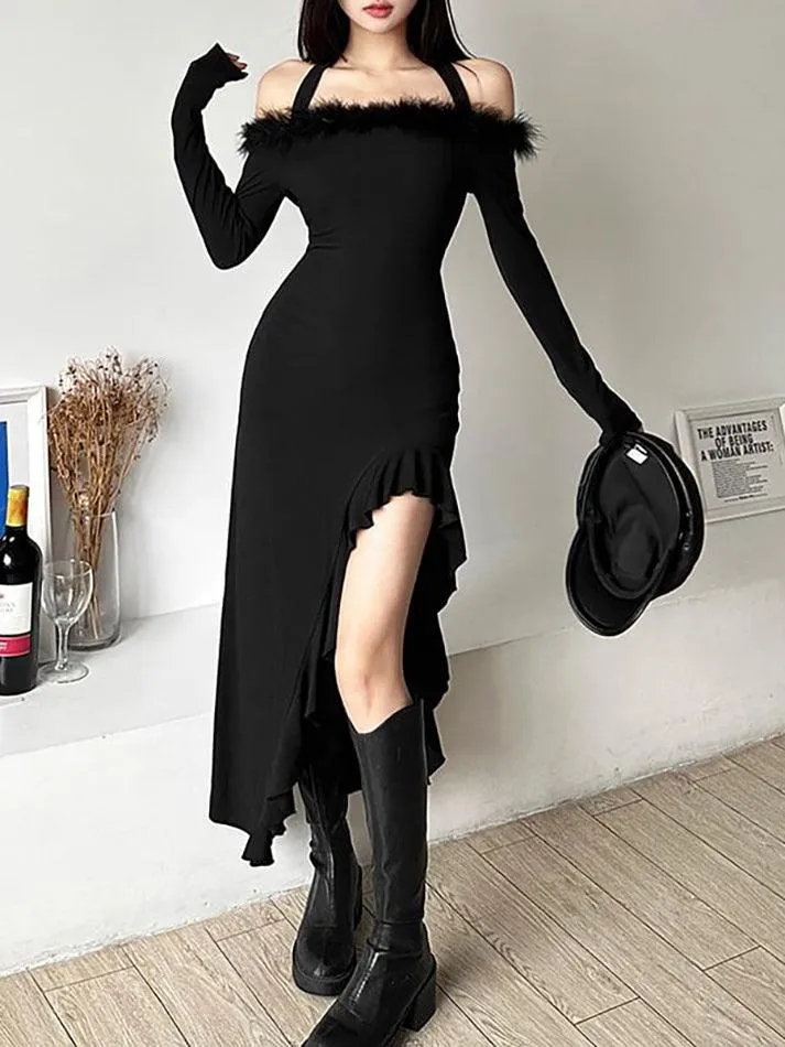 Long-Sleeve Plain Fluffy Trim Ruffle Slit Midi Dress