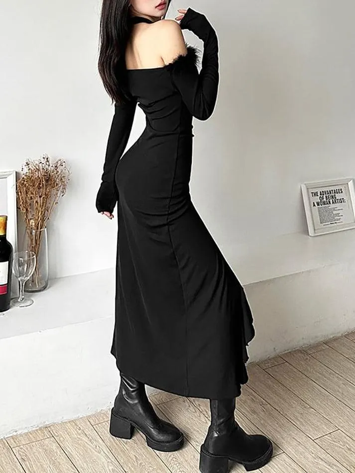 Long-Sleeve Plain Fluffy Trim Ruffle Slit Midi Dress