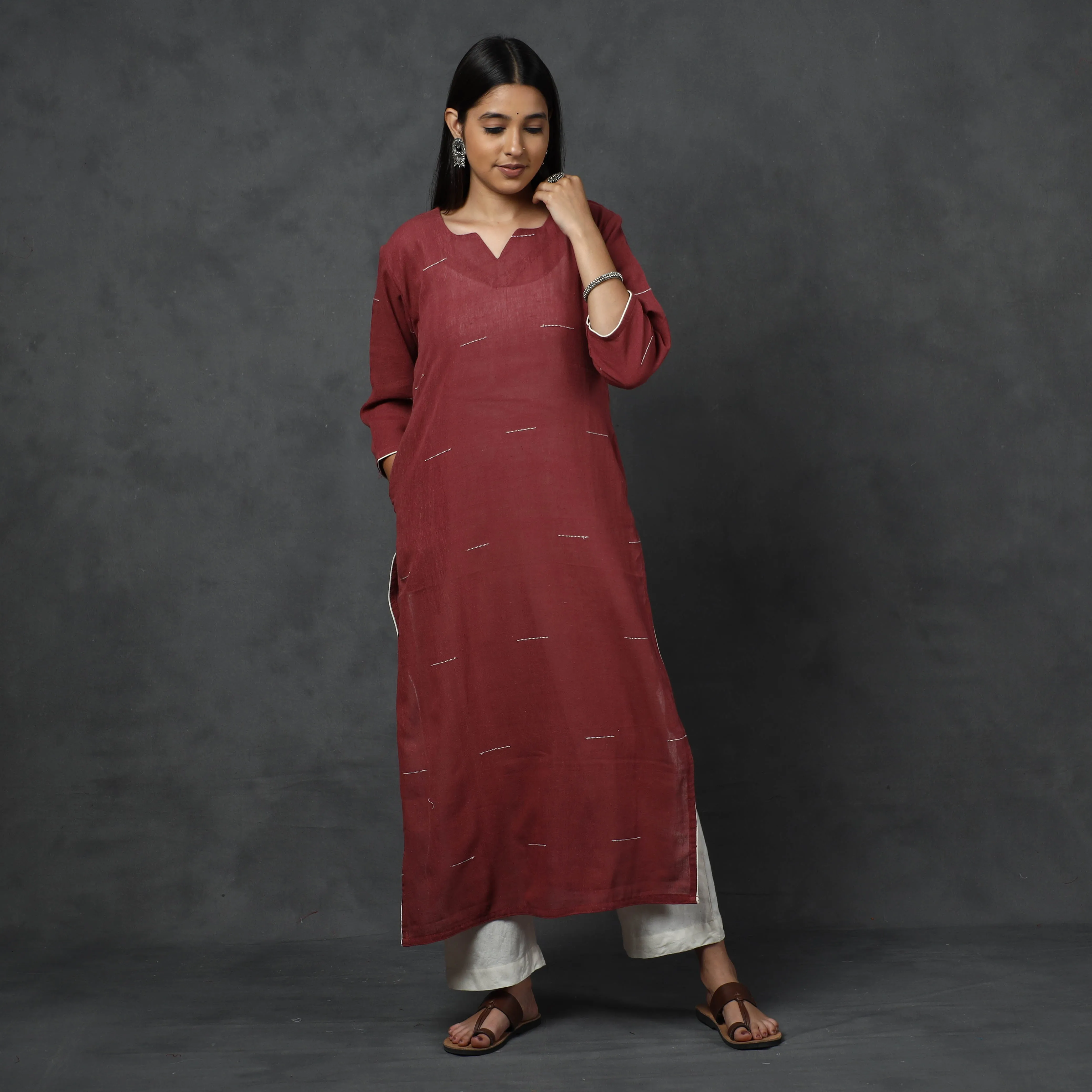 Maroon - Organic Kala Cotton Handloom Buti Long Kurta