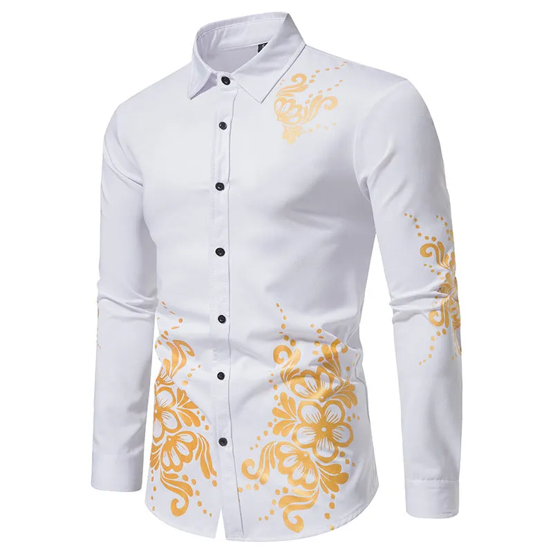 Men Turnover Collar Flowers Long Sleeves Shirt