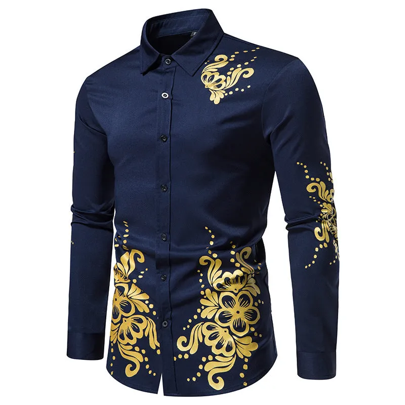 Men Turnover Collar Flowers Long Sleeves Shirt