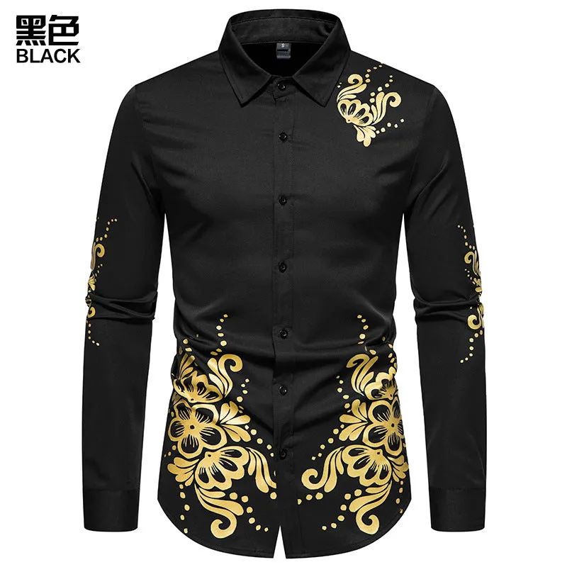 Men Turnover Collar Flowers Long Sleeves Shirt