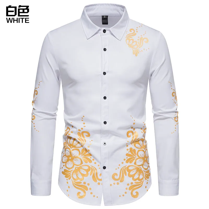 Men Turnover Collar Flowers Long Sleeves Shirt