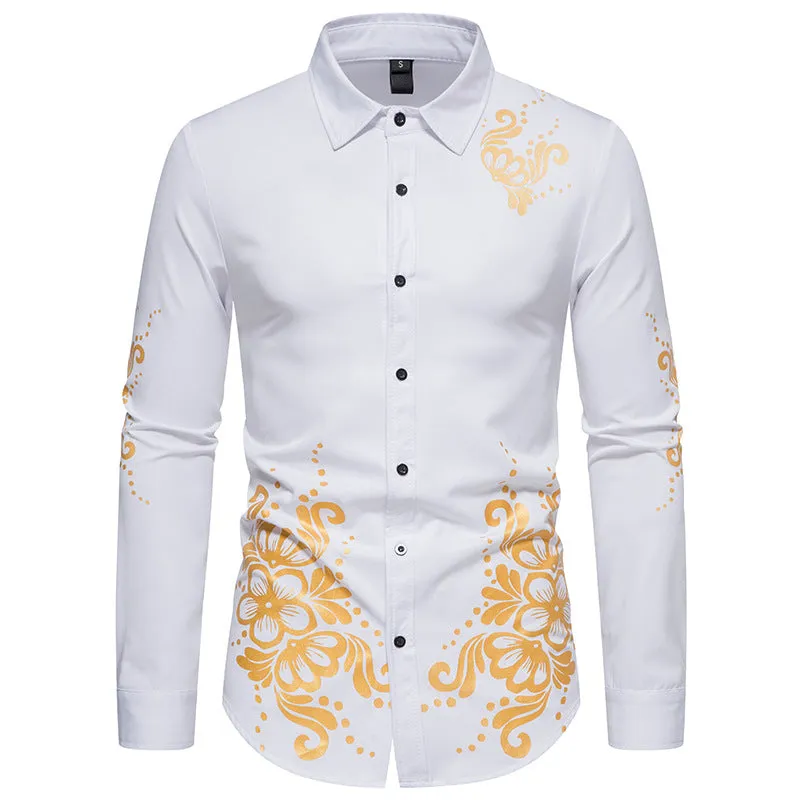 Men Turnover Collar Flowers Long Sleeves Shirt