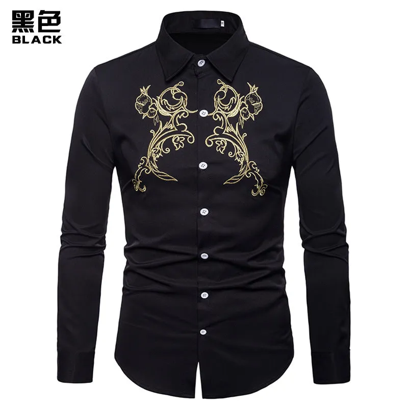 Men Turnover Collar Glossy Prints Long Sleeves Shirt