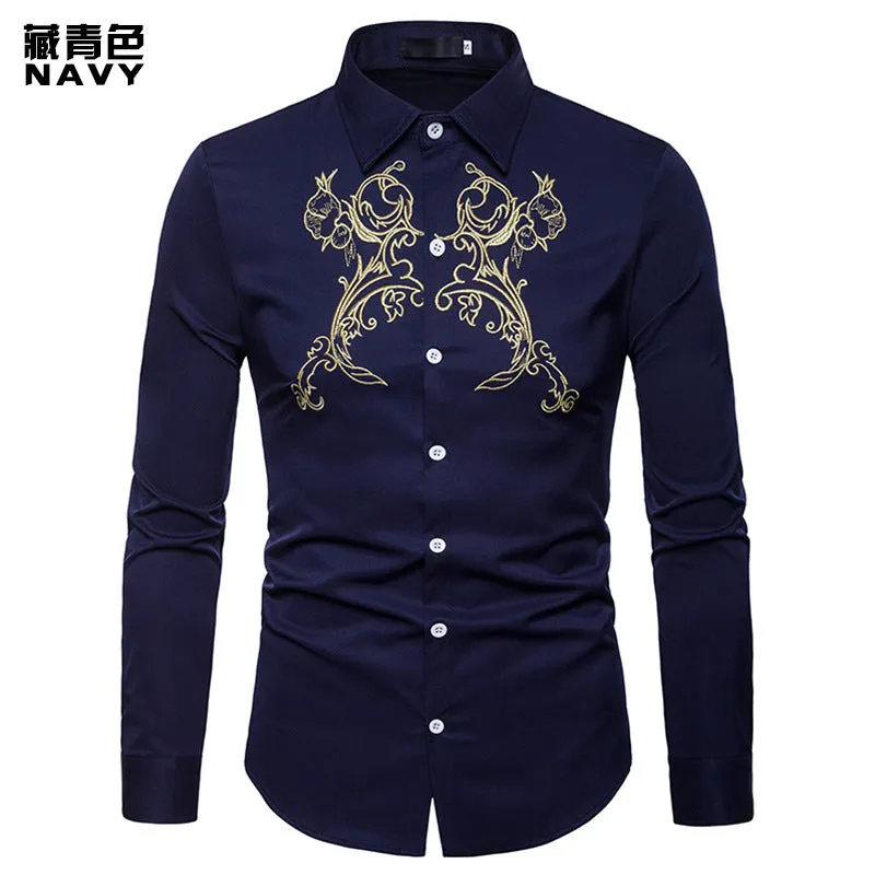 Men Turnover Collar Glossy Prints Long Sleeves Shirt