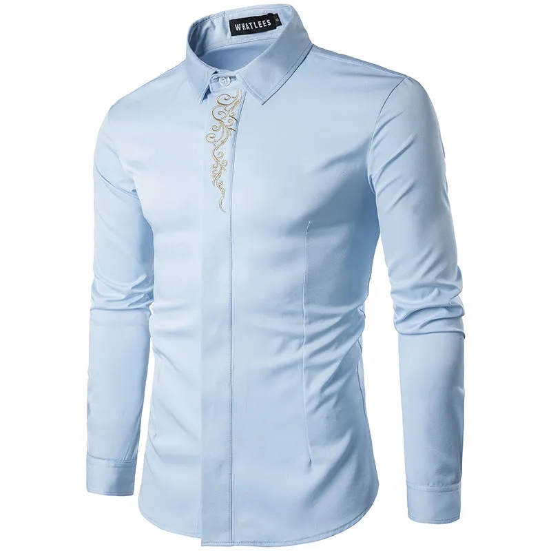 Men Turnover Collar Oriental Embroidery Long Sleeves Shirt