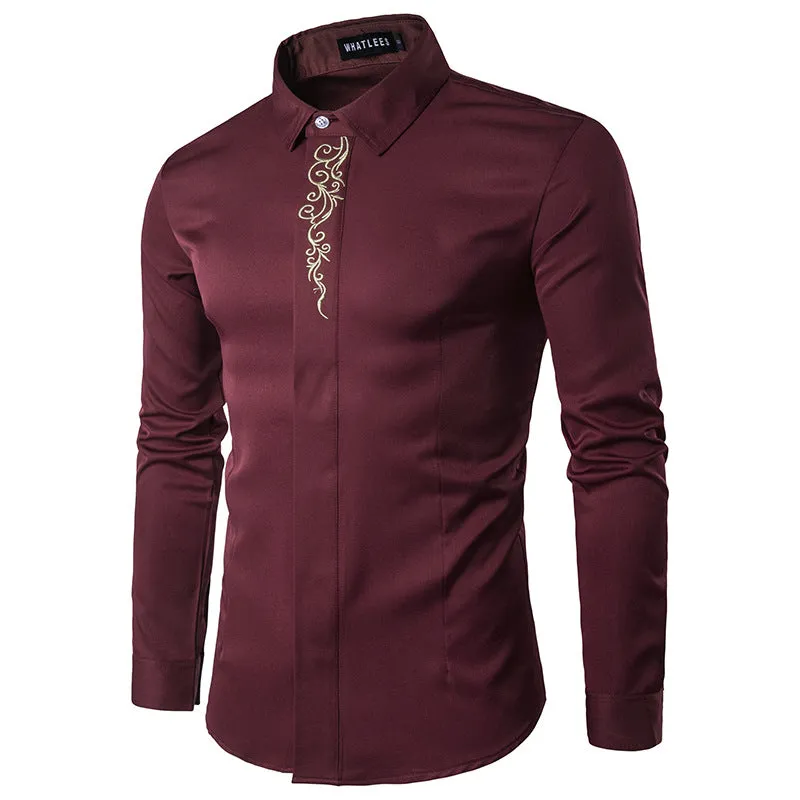 Men Turnover Collar Oriental Embroidery Long Sleeves Shirt