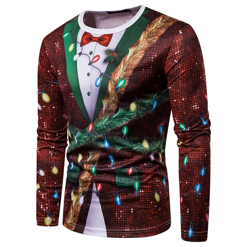 Men's 3D  Fake Two Pieces Printed  Christmas Long Sleeve T-Shirt