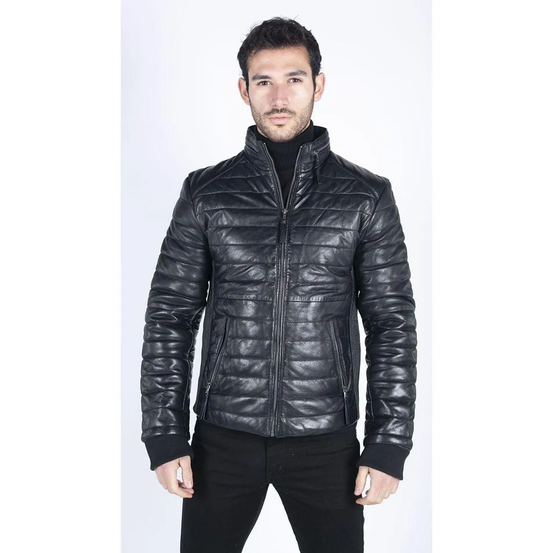 Mens Real Leather Genuine Quilted Puffer Zipped Jacket Brown Black Casual