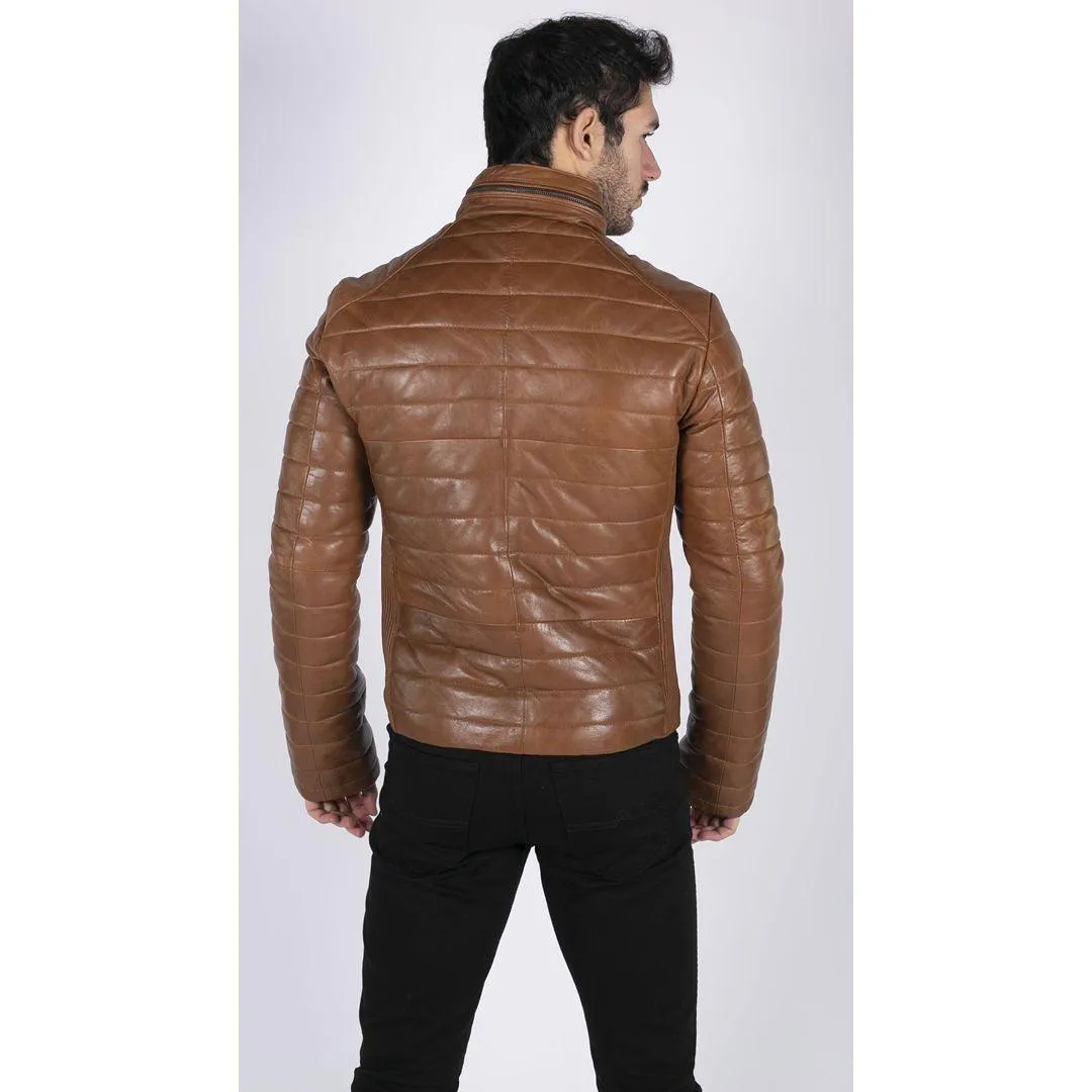 Mens Real Leather Genuine Quilted Puffer Zipped Jacket Brown Black Casual