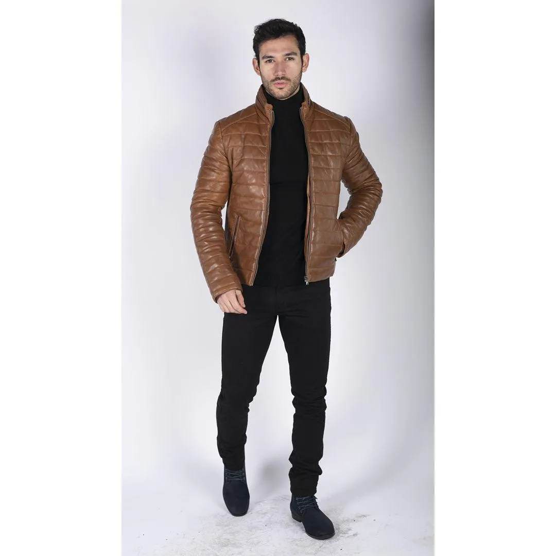 Mens Real Leather Genuine Quilted Puffer Zipped Jacket Brown Black Casual