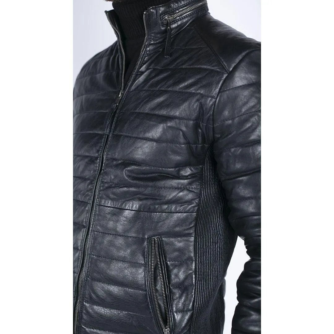 Mens Real Leather Genuine Quilted Puffer Zipped Jacket Brown Black Casual