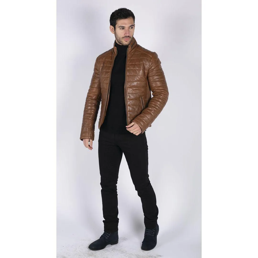 Mens Real Leather Genuine Quilted Puffer Zipped Jacket Brown Black Casual