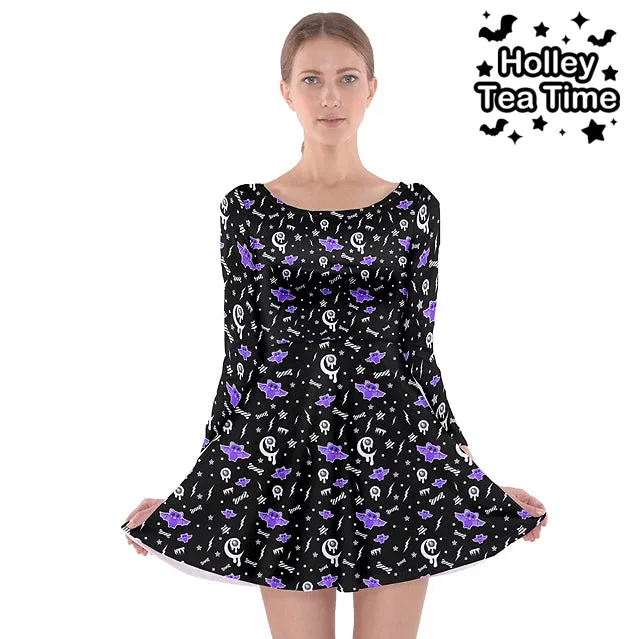 Milky Bat Night Black Long Sleeve Skater Dress [Made To Order]