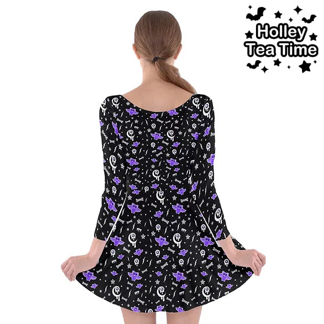 Milky Bat Night Black Long Sleeve Skater Dress [Made To Order]