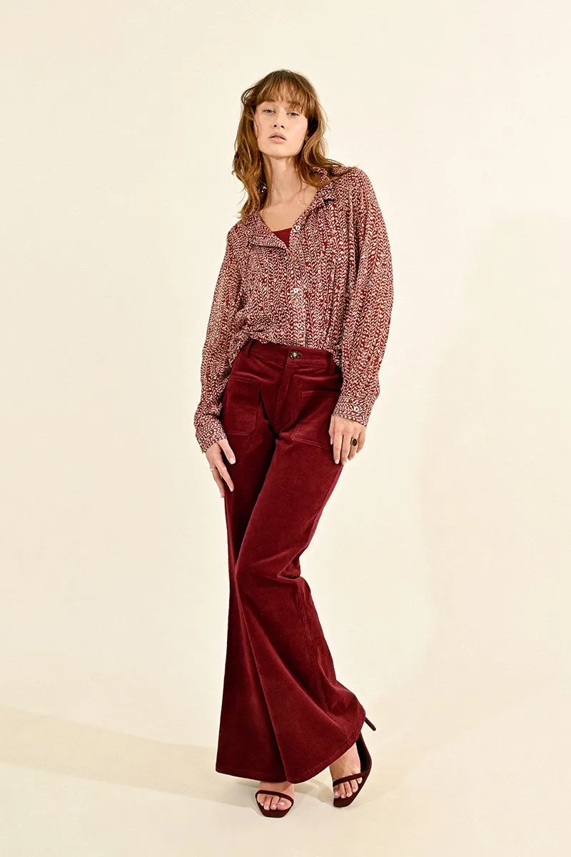 Molly Bracken Dark Red Velvet Flared Trousers